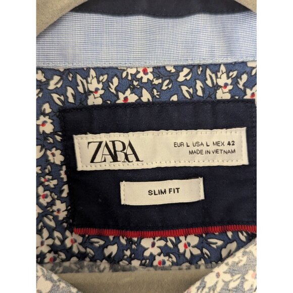 Zara Mens Slim Fit Floral Print Button-Up Long Sleeve Shirt Size L Blue & White - Picture 3 of 5